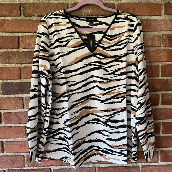Alfani Zebra Stripe V-Neck Long Sleeve Blouse - Picture 1 of 8